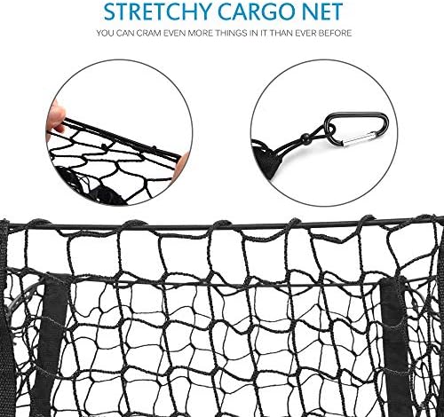 MICTUNING Cargo Net with Hooks,Van Storage Three Pocket Trunk Cargo Organizer Storage Net-Heavy Duty Cargo Net for Car,SUV,Pickup Truck Bed - Black Mesh with Free Four Metal Carabiners.(47*11*12)inch