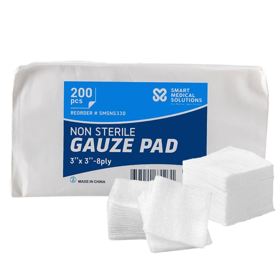 Smart Medical Solutions Non Sterile Gauze Pads - 8-Ply, 200 Pack | Absorbent Dental Gauze First Aid Dressing Pads (3"x3")