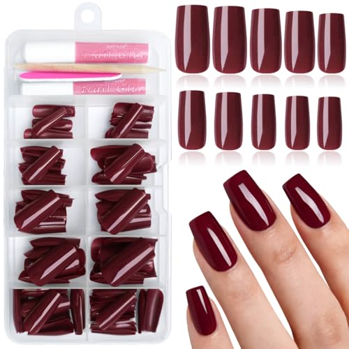 Bellelfin 120Pcs Burgundy Press on Nails Medium Square Glue on