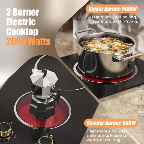 Image of 2 Burner Electric Cooktop - 12 Inch Plug in 110V Electric Cook Top Two Burner, Built-in & Countertop Ceramic Stove Top with Knob Control, 9 Power Levels and Overheat Protection (Golden Knob)