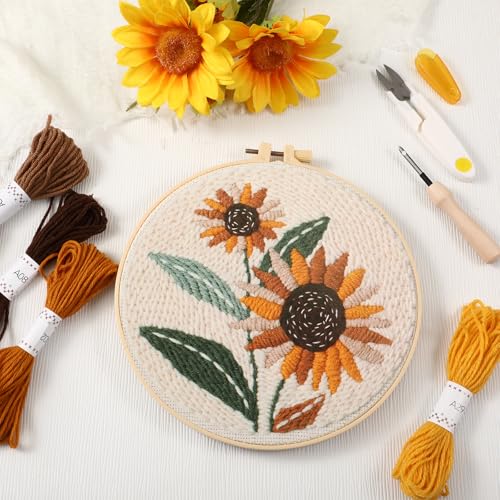 Image of Lyksgir 3 Sets Punch Needle Kits, Punch Needle Embroidery Starter Kits for Adults Beginners, DIY Easy Flower Embroidery Set with Printed Pattern, Hoops, Yarns, Instruction and Threader Tools