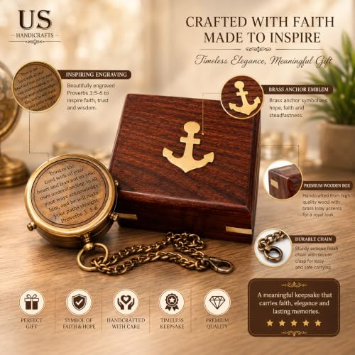 Brújula de latón grabada con estuche de madera miniatura 5