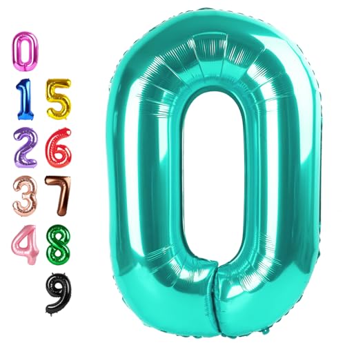 Image of Number Balloons 0 Balloon 40 inch Teal Blue for 10th Birthday Decorations | Saturated Color, Large 40 in, With Inflation Straw & Hanging Hole, Great for Men's Party, Back-To-School Season, Pool Party