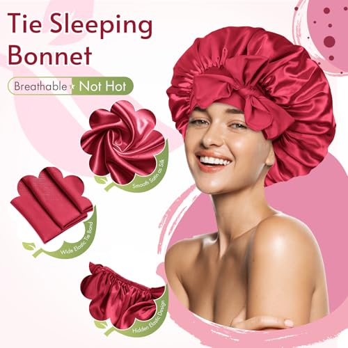 Image of BONNET QUEEN Silk Bonnet for Sleeping Satin Bonnet Women Hair Wrap Night Sleep Cap Scarf Wrap for Curly Hair with Tie Band Red Burgundy
