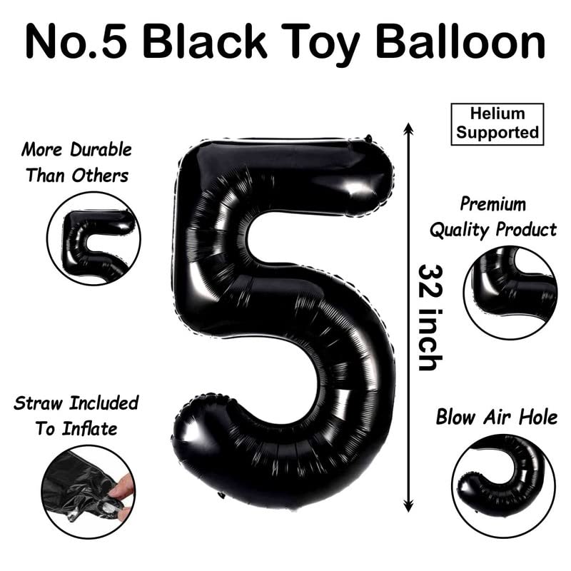Image of Black 32 Inches Numbers 5 Shape Large Big Foil Helium Balloons For Party Decorations In Happy Birthday Anniversary Office Items Materials Set Pack,1 Piece