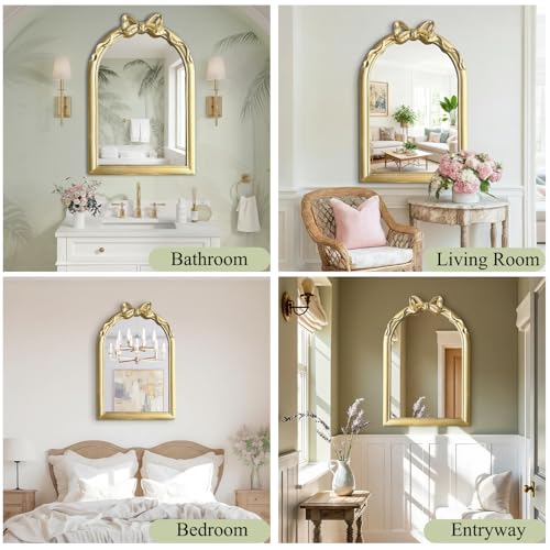 Image of 36x24 Arched Gold Bow Wall Mirror, Vintage Vanity Mirror for Bathroom & Bedroom Decor, Antique French Style Engineered Wood Frame with Ribbon Knot, Cute Coquette Aesthetic