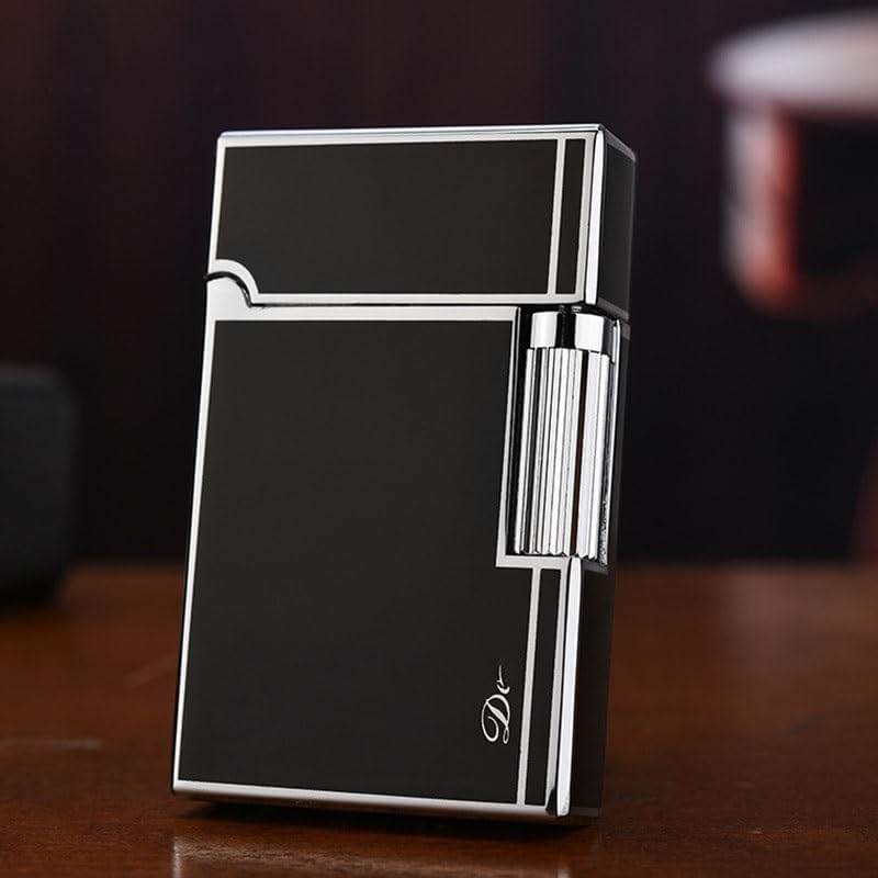 Retro Butane Lighter, Classic Grinding Wheel Side-Slide Ignition Lighter, Adjustable Soft Flame Lighter, Refillable Lighter, Suitable for Cigarettes, Cigars, Candles Gift Box Packaging(Black Silver)