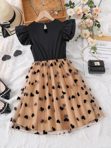 Image of Girls Black & Beige Heart Print Party Dress | Flutter Sleeve Top with Tulle Skirt | Kids Elegant Birthday & Festive Frock(DW-203)