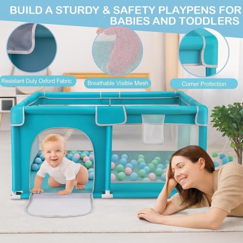 Image of ShivAnanta Baby Playpen for Home Indoor Kids Safety Play Fence with 30 Balls Mesh Play Area for 2+ Toddler Activity Zone Portable Baby Play Yard Anti Slip Child Play Space for Crawling Babies Secure Enclosure (Blue)