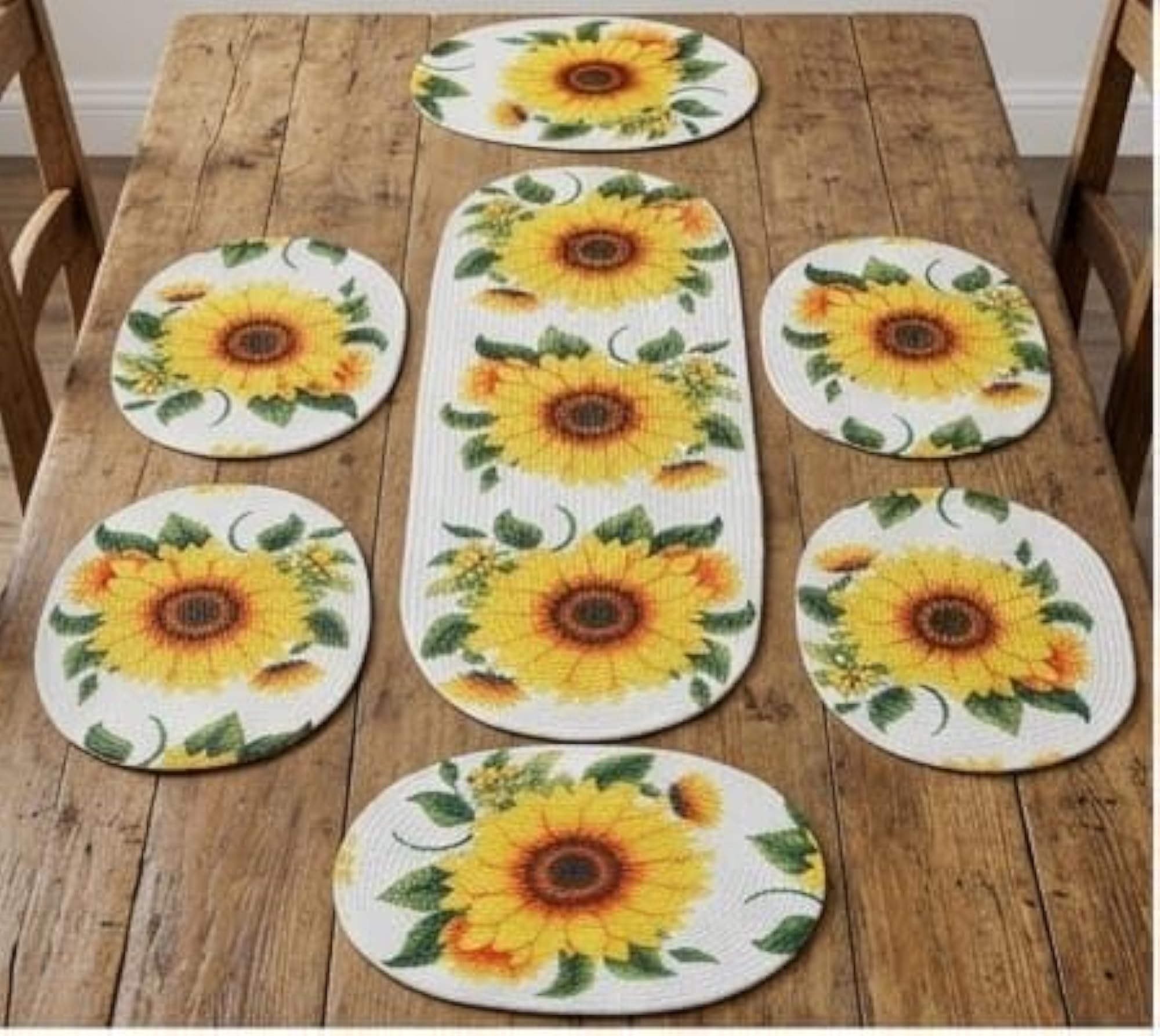 Sunflower Print Dining Table Runner with Oval Placemats