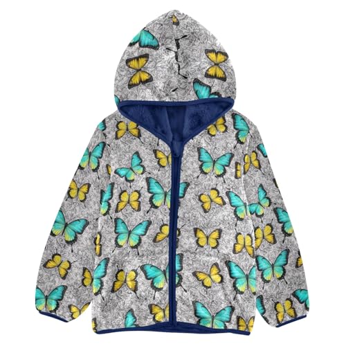 Butterflies Teal Yellow Boy Hooded Jacket, Comfy Light Fleece Jacket 3T