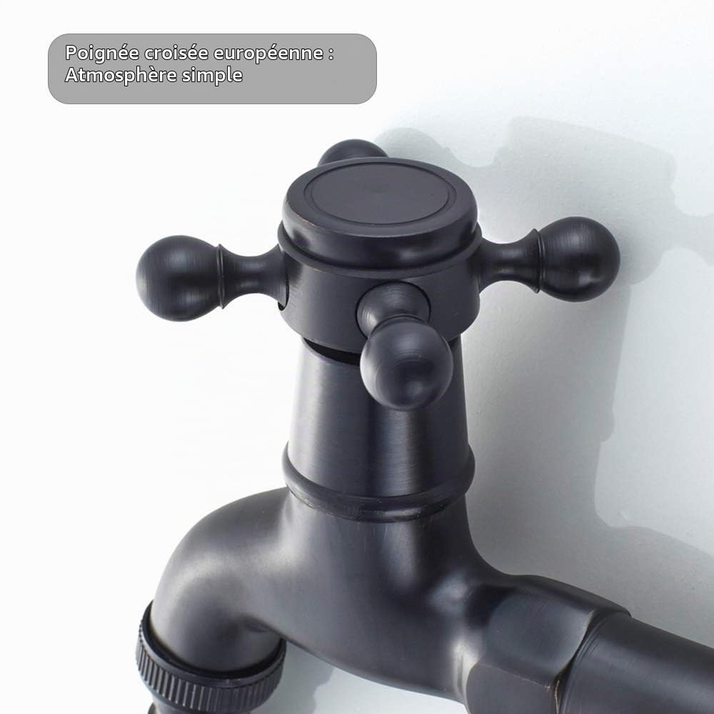 Robinet de Machine à Laver en Laiton avec Bec d'évier G1/2 - Robinet de Vadrouille à Poignée Croisée Antique pour Lavabo Jardin (Noir)