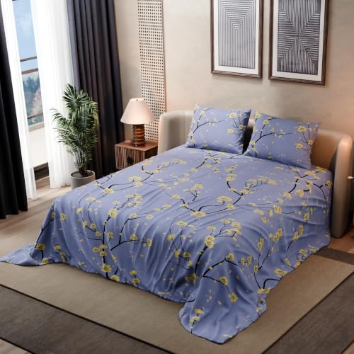 Image of BLISSHOME SoftTouch 140TC Cotton King Size Printed Bedsheet with 2 Pillow Covers for Double Bed, Silky Smooth Bedding Set, Breathable, Easy Maintain, Floral Print - Lavender, Yellow