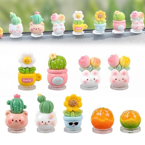 9 Pezzi Accessori Auto Divertenti - Gadget Auto - Incantevole Vaso da Fiori Decorazioni per Auto - Mini Figure in Resina Esteticamente Gradevoli - Deliziosi Animaletti e Cactus Accessori per Auto