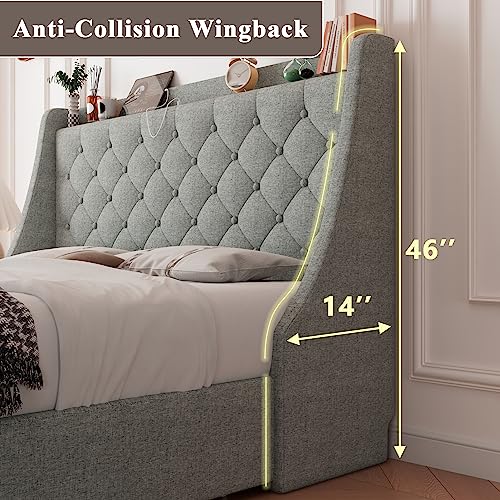 Image of Feonase Upholstered Full Size Bed Frame with 4 Storage Drawers, Charging Station and Tufted Wingback Storage Headboard, No Box Spring Needed, Easy Assembly, Light Grey