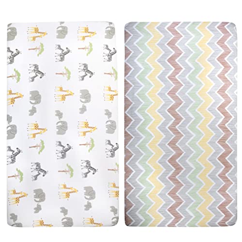Image of Standard Microfiber Fitted Crib Sheets for Baby Girl, Boy & Neutral, 2 Pack - 28x52 (Jungle & Chevron)