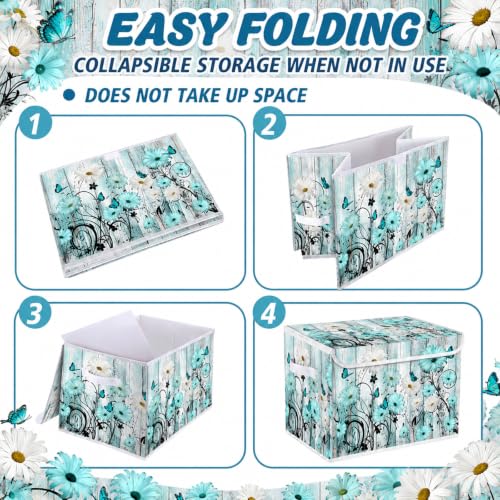 Image of Briwooody Blue Daisy Storage Bin with Lid and Carrying Handle Floral Butterfly Foldable Storage Box Large Farmhouse Decorative Collapsible Container Basket for Organizing Closet Home Bedroom Gift