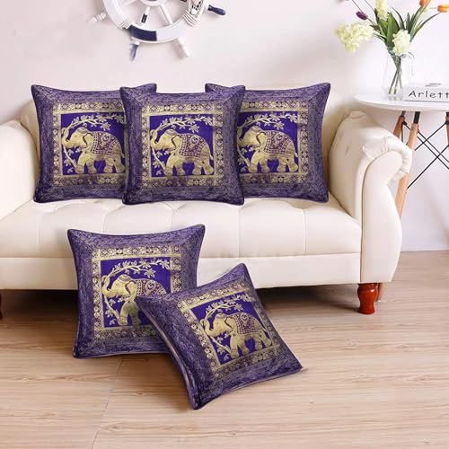 Image of Banarasi Jacquard Weaves Silk Settee Couch Cushion Covers 16 by 16 Set of 5 Gold Decorative Square Elephant Traditional Brocade Home Decor Cushions 16x16 for Sofa Lounge (Purple)
