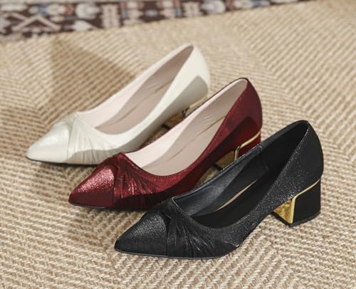LizFoYa Women Closed Pointed Toe Wedding Pumps Pleated Bridal Dress Shoes Satin Comfort Block Heels3