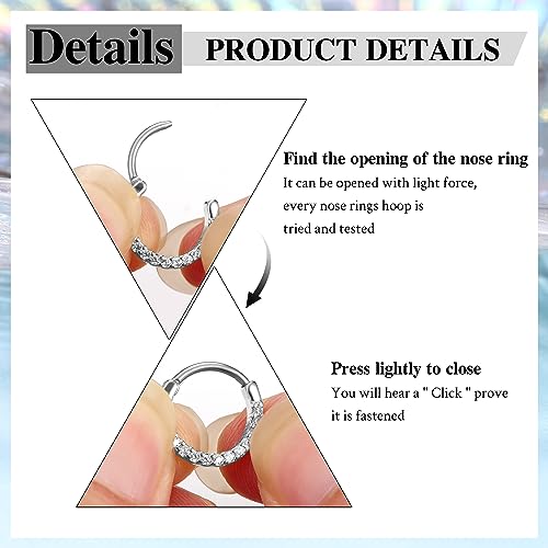 LOYALLOOK 16Pcs 16G Septum Rings Hoop for Women Men Surgical Steel Dangle Septum Jewelry Septum Clicker Horseshoe Nose Rings Hoop Hinged Segment Daith Helix Tragus Cartilage Earrings Piercing3