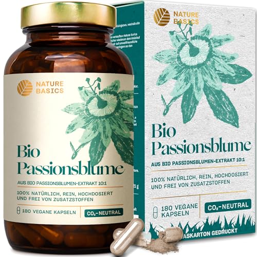 Bio Passionsblume - 180 Kapseln hochdosiert / 1100 mg Bio Passionsblumen Extrakt pro Tagesdosis / 10:1 Verhältnis/Vegan, Zertifiziert & Nachhaltig im Glas