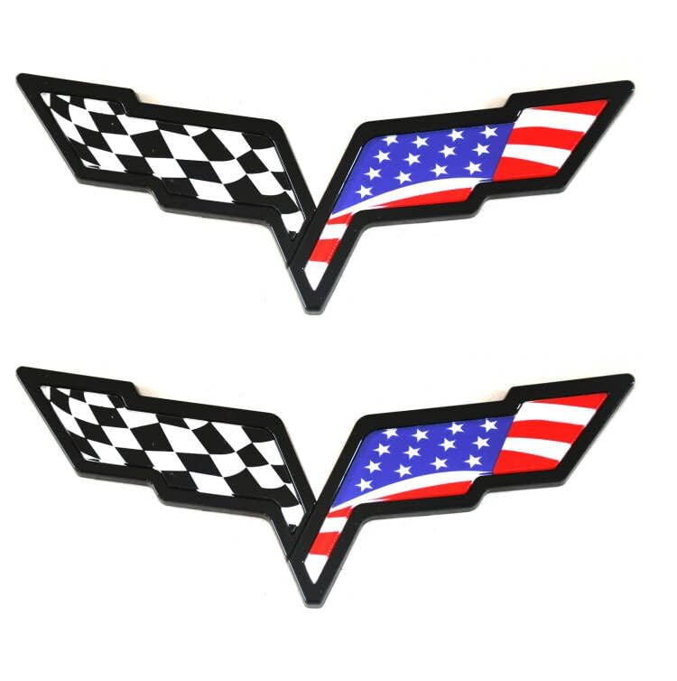 2pcs front hood & rear fascia crossed flags emblems car badge replacement for 2005-2013 corvette c6 (us flag-black)