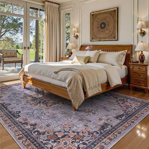 Image of Lahome Oriental Purple Rugs for Living Room, Ultra-Thin 8x10 Rug for Dining Room Non-Slip Boho Area Rug for Bedroom, Non-Shedding Vintage Area Rug for Home Office (Purple, 8'x10')