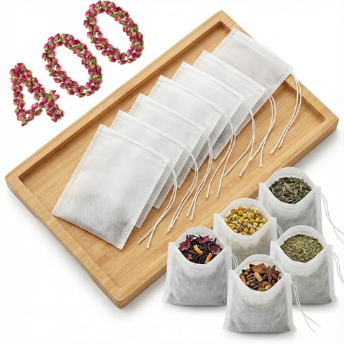 400Pcs 3.54'x2.75' Disposable Tea Bags with Drawstring, Empty Filter Sachets for Loose Leaf Tea, Coffee, Herbs, Spice and DIY Fillable