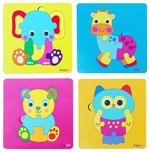 Image of Fiddlys 3D Cute Cartoon Wooden Jigsaw Puzzles for Kids & Children Double Layered Wooden Puzzles with Bright Front & Back Print (Pack of 4 Baby Teddy + Animal)