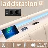 XMETPR Doppelbett mit Polster 140x200 cm, Funktionales Bettgestell mit 4 Schubladen & LED-Beleuchtung & 2 USB- & 2 AC-Ladestationen, Holzlattenrost, Leinenbezug, Plattformbett, geräuschfrei, beige