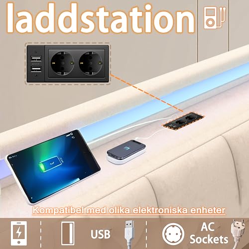 XMETPR Doppelbett mit Polster 140x200 cm, Funktionales Bettgestell mit 4 Schubladen & LED-Beleuchtung & 2 USB- & 2 AC-Ladestationen, Holzlattenrost, Leinenbezug, Plattformbett, geräuschfrei, beige