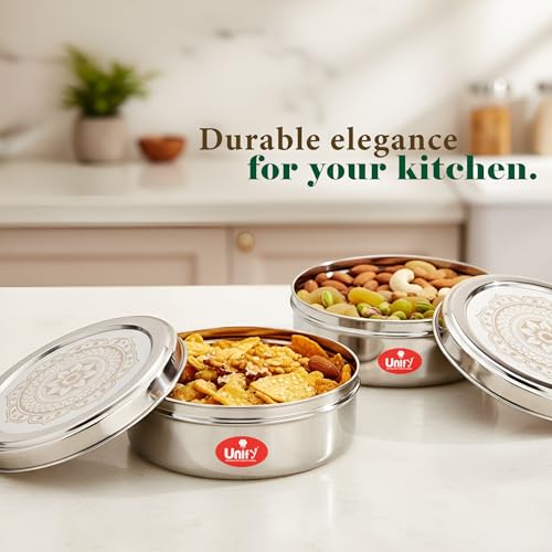 Image of Unify 2 Pieces Stainless Steel Puri Dabba Set | Flat Canisters (900ML, 1200ML) | Airtight Dry Fruit, Masala, Snacks & Sweet Storage Containers | Premium Kitchen Storage & Gift Set