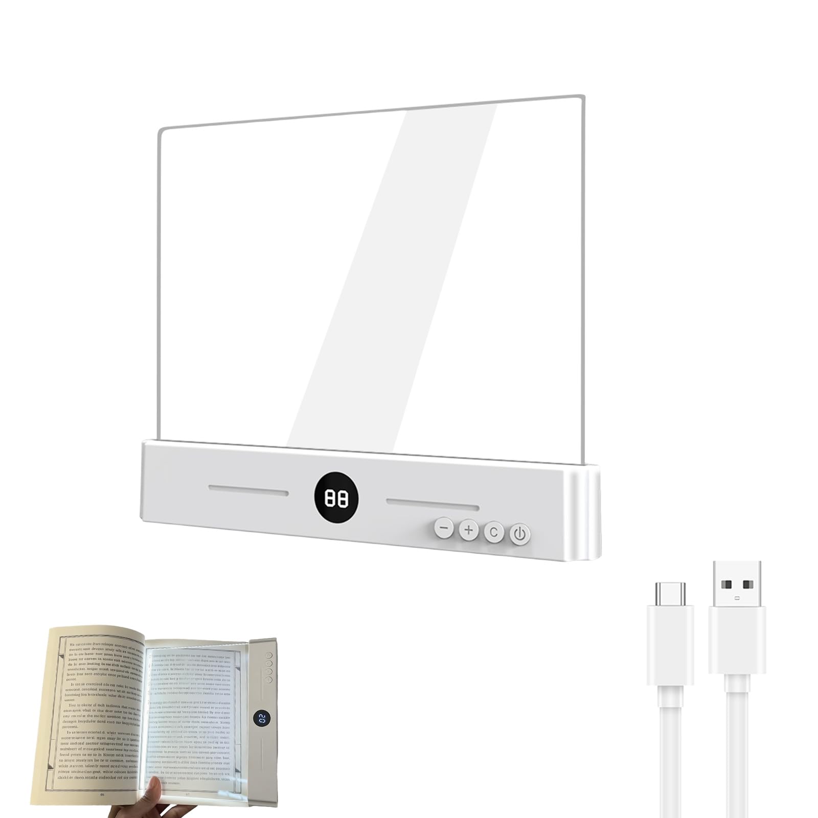 Noaya Smart Flat Book Light - Rechargeable LED Clear Book Page Light, Dimmable Book Light with 3 Colors & Timer, Portable Reading Light for Bed, Student Book Lamp, Gifts for Readers, 18.5 X 15.5 cm