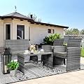 Vongrasig 4 Piece Patio Furniture Set Small Outdoor Wicker Rattan Front Porch Bistro Set Cushioned Patio Chairs Conversation Set with Glass Table for Lawn, Garden, Backyard, Balcony, Poolside (Grey)