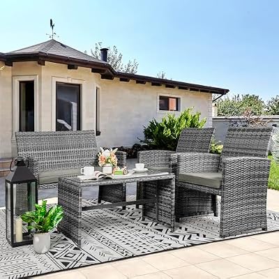 Vongrasig 4 Piece Patio Furniture Set Small Outdoor Wicker Rattan Front Porch Bistro Set Cushioned Patio Chairs Conversation Set with Glass Table for Lawn, Garden, Backyard, Balcony, Poolside (Grey)