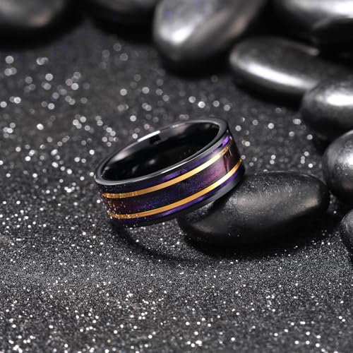 King Will Mens 8mm Black Wedding Band Pipe Cut Tungsten Carbide Rings Wood/Shell/Sand Inlay Unique Ring For Men Polished Flat Anniversary Rings Comfort Fit Size 7-122