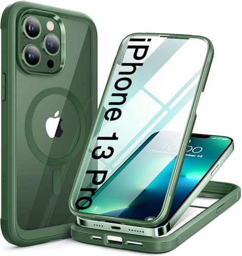 Image of Miracase for iPhone 13 Pro Case 6.1 inch,Full-Body Protection,Clear Bumper Case with Built-in 9H Tempered Glass Screen Protector,Military-Grade Drop Protection Outdoor Phone Case for iPhone 13 Pro,Green