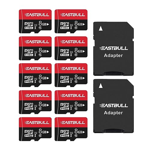 EASTBULL 8GB 10-Pack of Micro SD Cards, SD Memory Cards 8GB SD Cards Pack Full HD Video 90MB/s UHS-I U1 Micro SDHC Class 10 for Surveillance Security Cam (10 Units and 2 Adapters) -  8GB-10PCS