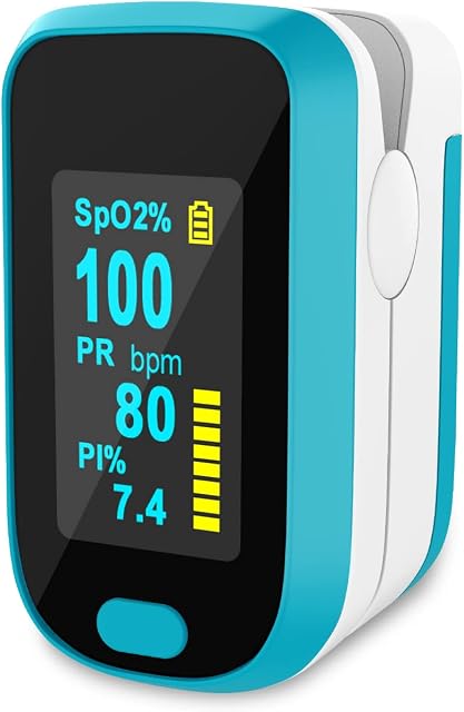 Pulse Oximeter for Finger Oxygen Measuring Device, Fingertip Oximeter Measures Oxygen Saturation SpO2, Pulse Frequency, Oximeter with OLED Display and Alarm Function(Blue White)