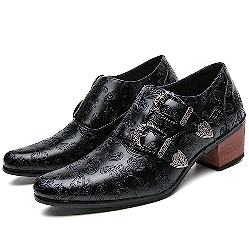 Men Pointed Toe Formal Dress Leather Shoes Personality Monk-Strap Slip-On Oxford Loafer Chunky Heel Arch Support Low Top Bootie