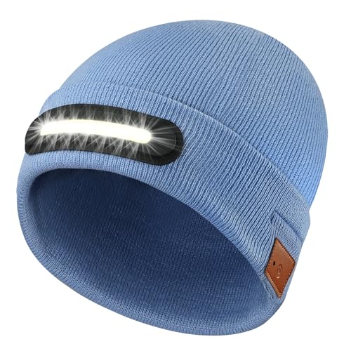 RANCOVY Mütze mit LED Licht, Wiederaufladbare USB Stirnlampenmütze Winter Warme Strickmütze LED Beanie Mütze mit Licht für Herren Damen