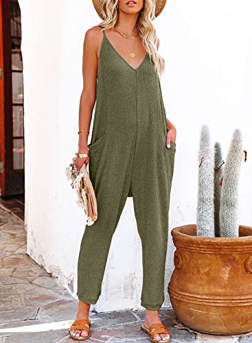 Alvaq Casual Green Jumpsuits For Women Dressy Sleeveless Adjustable Spaghetti Strap Loose Solid One Piece Long Pant Romper Jumpsuit With Pockets Medium #TOP6