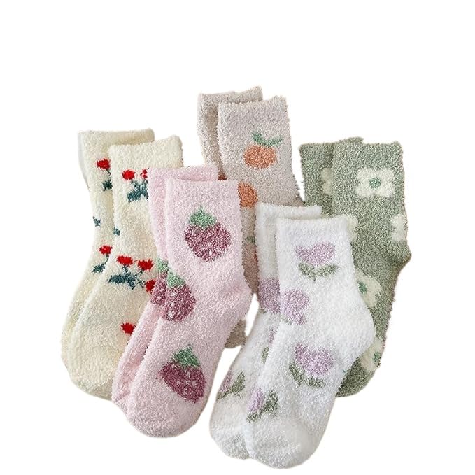 Kelabia 5 Pair Cute Floral Fuzzy Socks, Women Fluffy Slippers, Cottagecore Winter Thick Cozy Vintage Long Socks