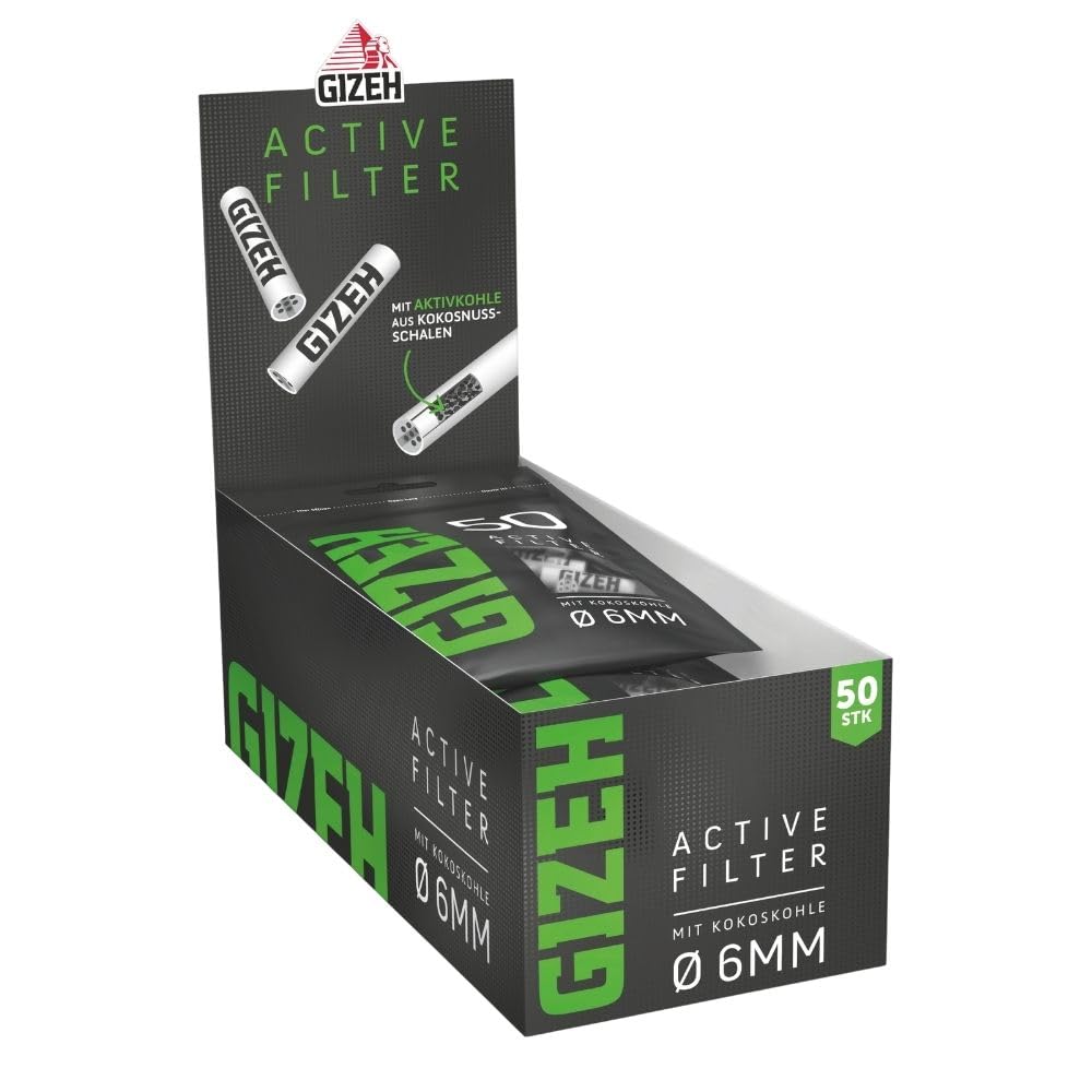 GIZEH BLACK Active Filter – Aktivkohlefilter slim 6 mm Durchmesser – Aktivkohlefilter slim mit Aktivkohle aus Kokosschale – Filter mit 27 mm Länge - 10 Beutel á 50 Filter