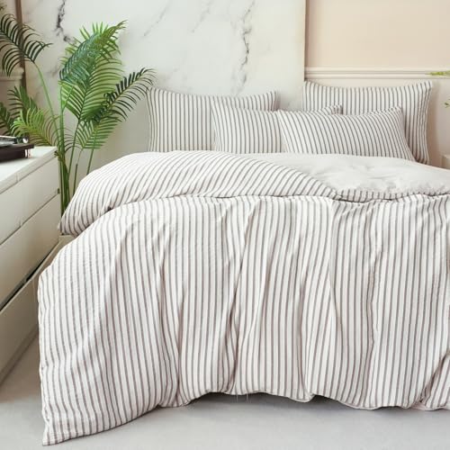 Image of Grey Striped Comforter Set King - 3 Pieces Bedding Comforter Set for All Season, Soft Lightweight Washed Microfiber, 1 Striped Comforter and 2 Pillowcases (Grey, King Size)