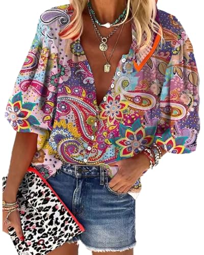 Boho Tops for Women 2025 Summer Floral Graphic Print Button Down V Neck 3/4 Sleeve Shirts Casual Loose Fit Trendy Blouses