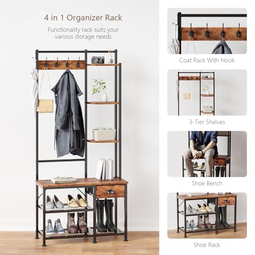 image for Furologee Coat Rack, Hall Tree with Bench and Shoe Storage, 4 in 1 Ent