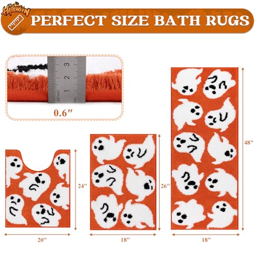 Pauwer Halloween Bathroom Rugs Sets 3 Piece, Fall Microfiber Bath Mats for Bathroom with U-Shaped Contour Toilet Rug, Spooky Soft Absorbent Washable Non Slip Bath Mat Set, Orange Ghost