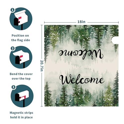Image of Winter Welcome Mailbox Cover Magnetic Standard Size 21 inchx 18 inch Green Winter Pine Tree Decorative Mail Box Covers Christmas Snowflake Holiday Mailbox Wraps Post Letter Box Cover for Home Garden Yard