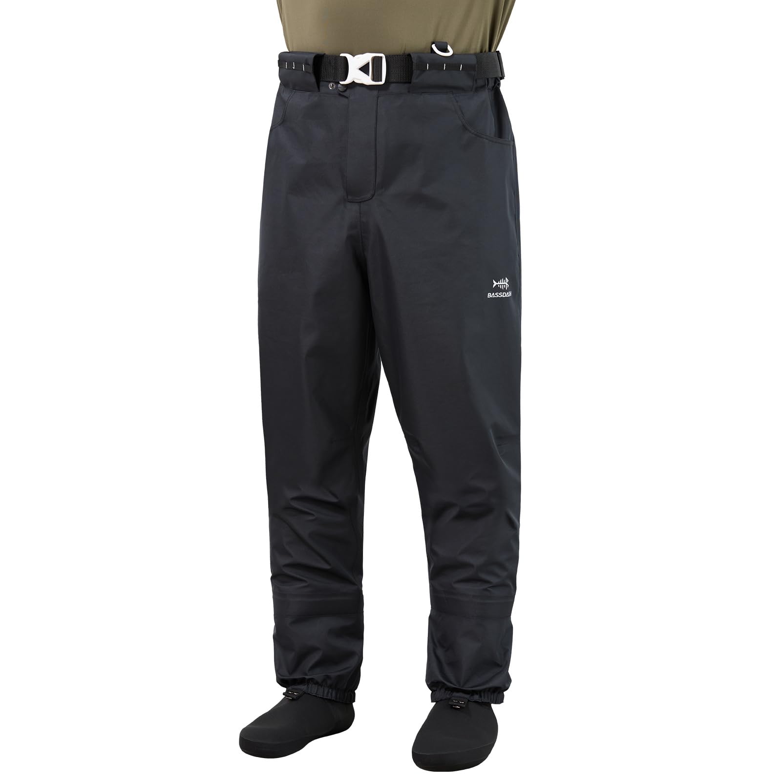 BASSDASH Menβs Breathable Wading Pants Waist Waders with Pockets Waterproof Fly Fishing Stocking Foot Lightweight FW09